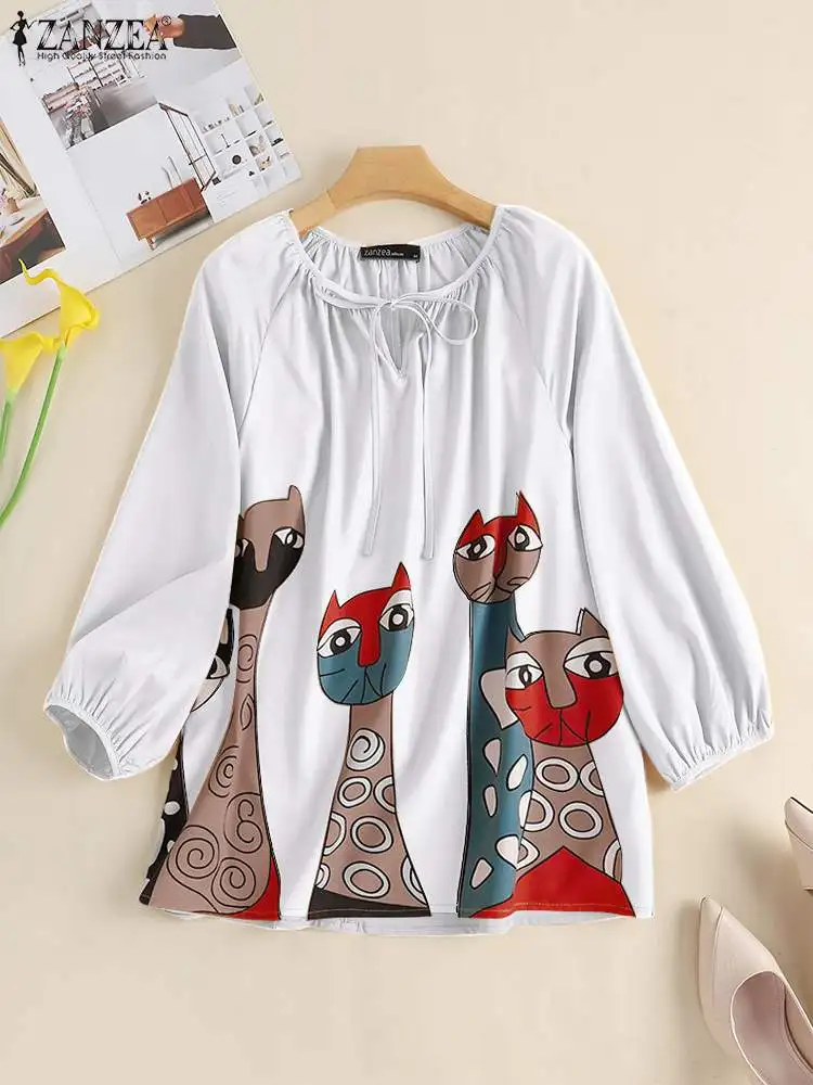 

ZANZEA Women Fashion Stylish Printed Blouse 2022 OL Elegant Vintage Tops Bandage Long Sleeve Casual Tunic Blusas Chemise Femme