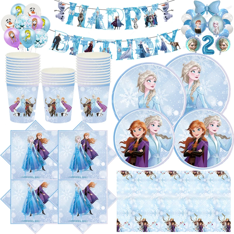 

Disney Frozen Birthday Party Supplies Paper Cup Plates Tablecloth Balloon Kids Girls Elsa Anna Snow Queen Theme Party Decor