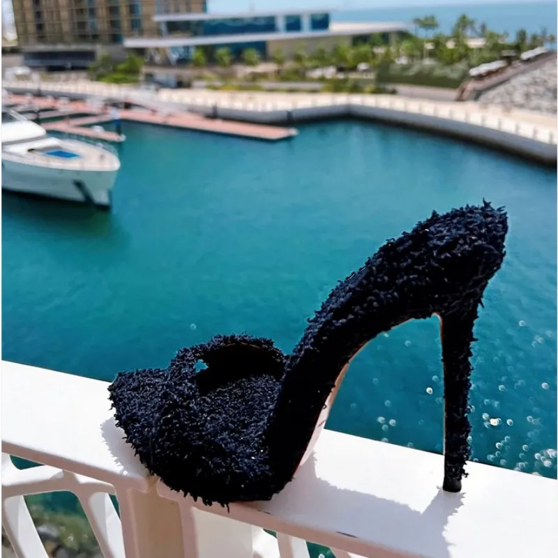

Peep Toe Zapatos Mujer Slip On Women Shoes Fur Thin Heels Slingback Sandalias Designer Chaussure Femme Outdoor Sandals Pumps