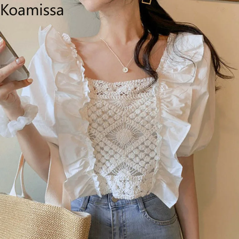 

Koamissa Women Short Shirts Puff Sleeves Solid Korean Chic Cropped Tops Hook Lace Folwer Women Blouse Fashion Blusas De Mujer
