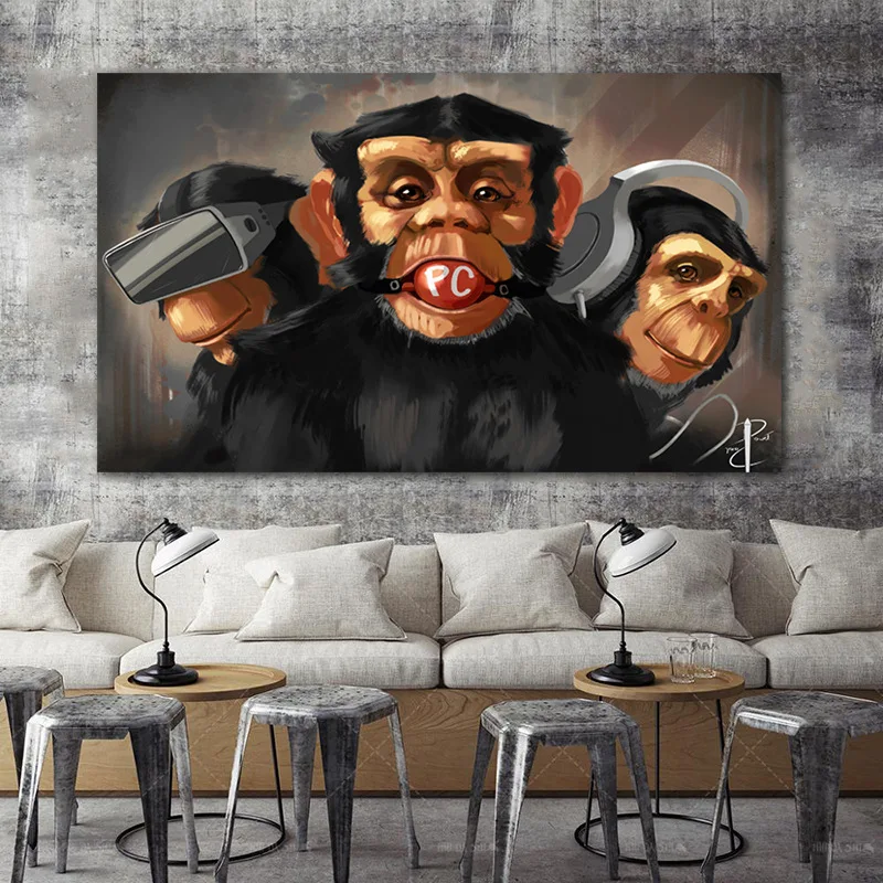 

Chimpanzee Music Art Poster Abstract Wall Canvas Painting Nordic Modern Facial Mask Ape-man Print Picture for Bedroom Home Decor