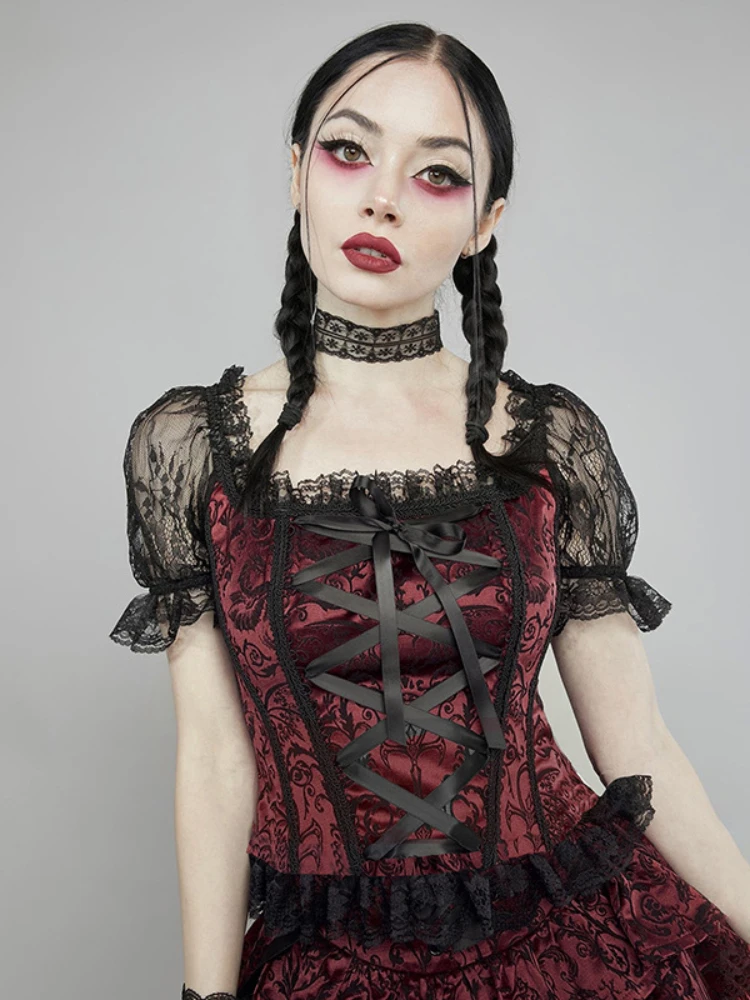 

Gothic Vintage Corset T-shirt Streetwear Puff Sleeve Lace Trim Aesthetic Crop Tops Fairy Grunge Punk Women Basic Tees