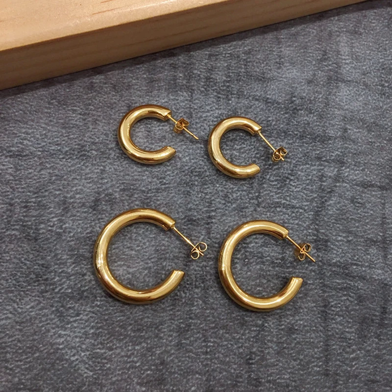 

Modern Thick C Shaped Stud Earrings Stainless Steel 18K Gold Plated Chunky Huggie Hoop Earring Women