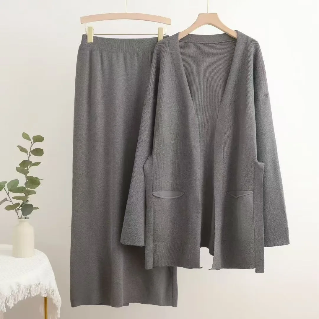 Fall Winter Knitted Solid 2 Piece Sets Women Knitwears Sweater Cardigan Tops Conjuntos Casual High Waist Skirts Outfit New