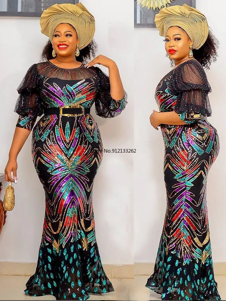 

2022 New African Luxury Sequin Dresses Women Sexy Hip Wrap Mermaid Wedding Party Evening Dress Africaine Top Gown