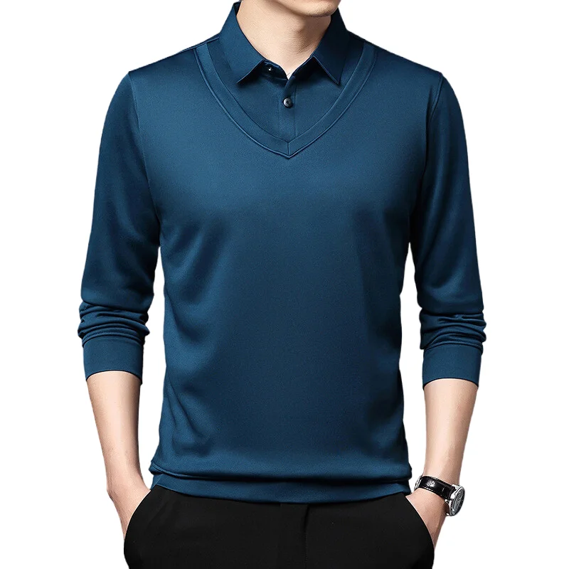 Men spring autumn long-sleeved lapel polo business slim fake two-piece tees thin bottoming tops Men's Fashion Casual Polo Shirts