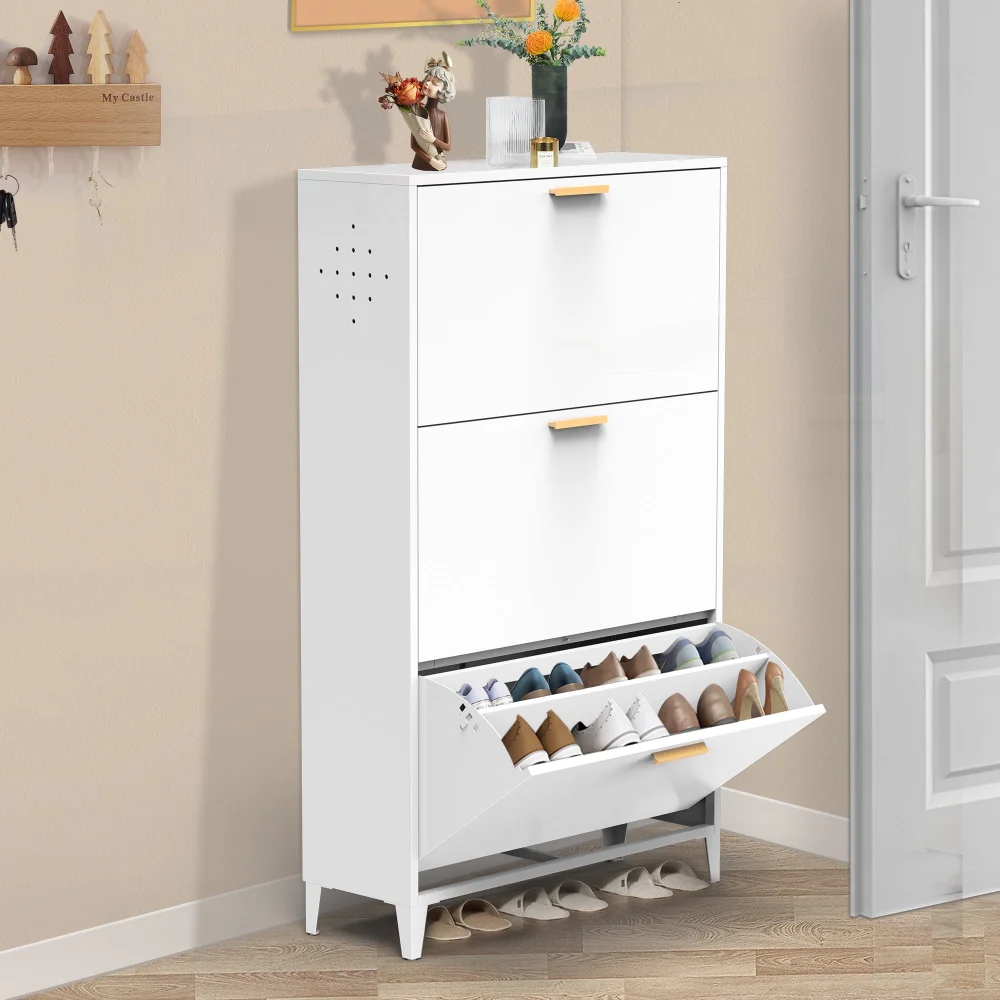 

Momspeace Modern Shoe Cabinet with Flip Doors and Drawers, Freestanding Steel Shoe Rack for Entryway - White