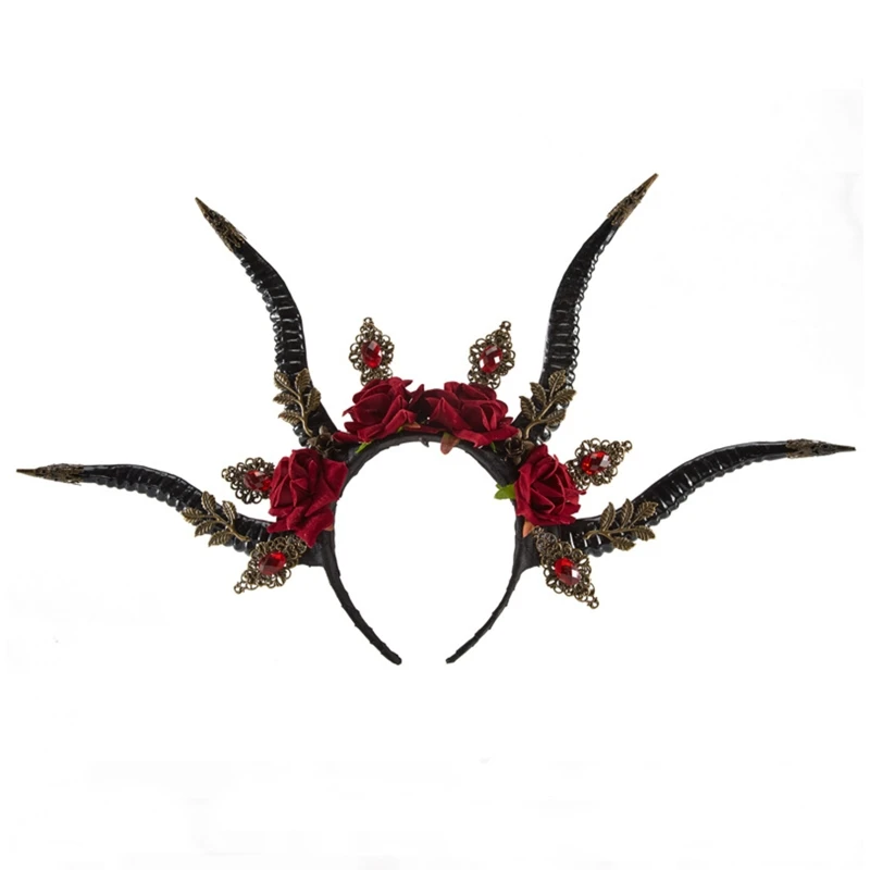 

Unisex Halloween Hair Hoop Devil Sheep Horn Shape Head Band with Flower Decor Cosplay Costume Masquerade Party Headpiece