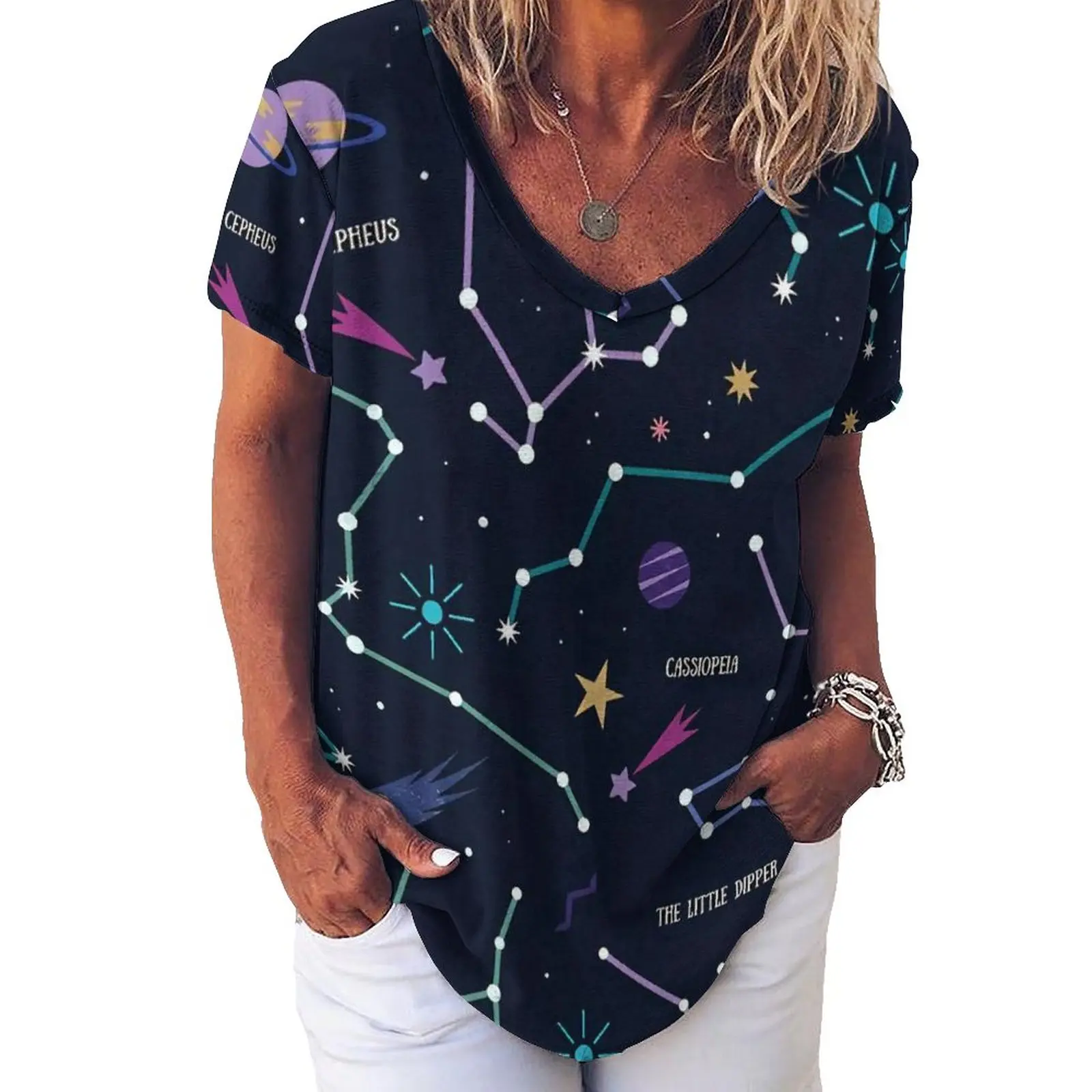 

Футболка с изображением звезд Галактики созвездий и ночного неба, Элегантная футболка с V-образным вырезом, уличная одежда с коротким рукав...