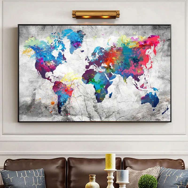

Modern Color Graffiti World Map Posters And Prints Nordic Watercolor Canvas Painting Living Room Home Decor HD Wall Art Pictures