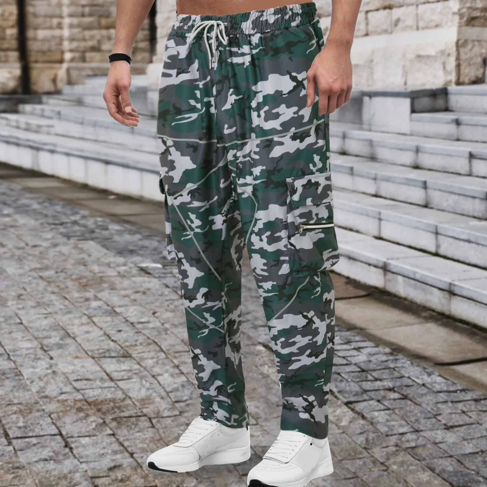 

Casual Pants Men American Retro Ribbons High Street Cargo Trousers Loose Military Elastic Waist Large Size All-match Harajuku