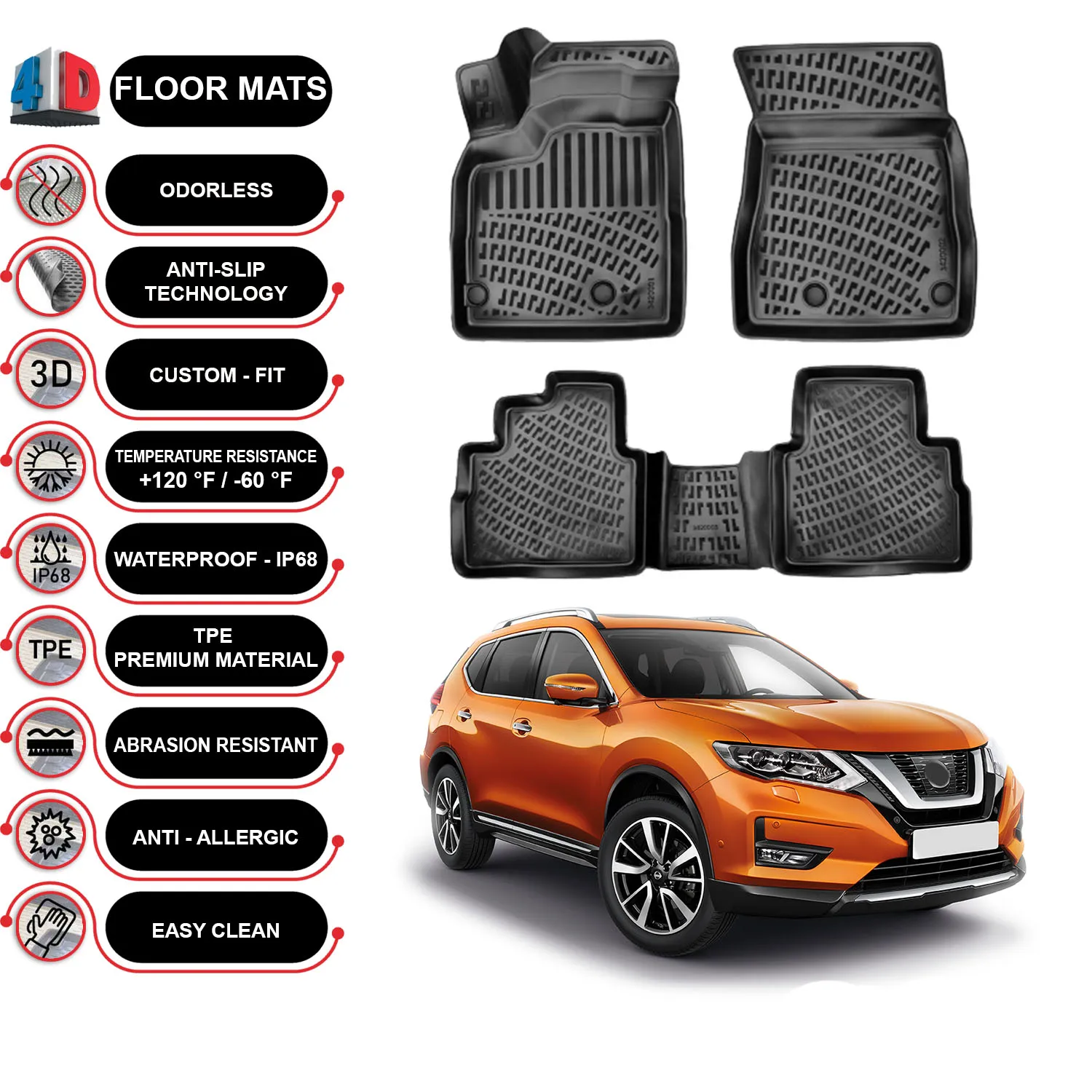 

Nissan X-Trail (2021-2023) Floor Mats Liner Waterproof 3D - (Black)