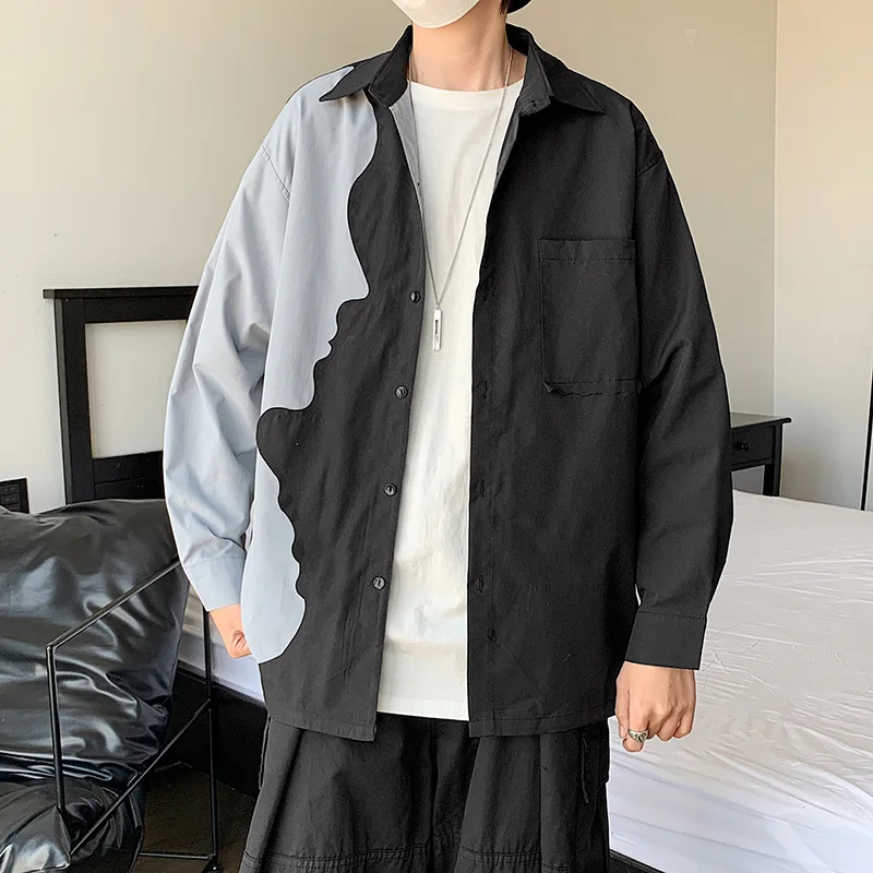 

ZCSMLL Side Face Printed Shirt Men's Long-sleeved Spring and Autumn Harajuku Personality High Street Loose Shirt Cardigan