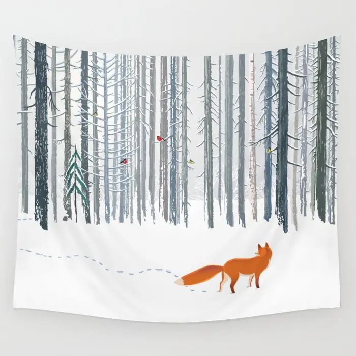 

Fox In Snowy Winter Forest Tapestry Background Wall Covering Home Decoration Blanket Bedroom Wall Hanging Tapestries