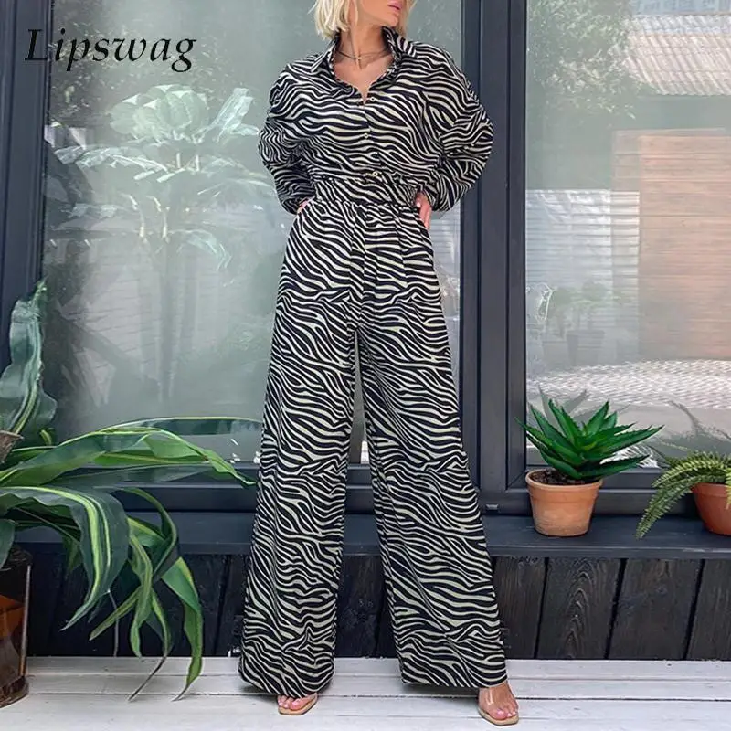 

Fashion Zebra Stripe Waistes Romper Spring Lapel Long Sleeve Single-breasted Playsuit Elegant Women Wide Leg Trousers Jumpsuits