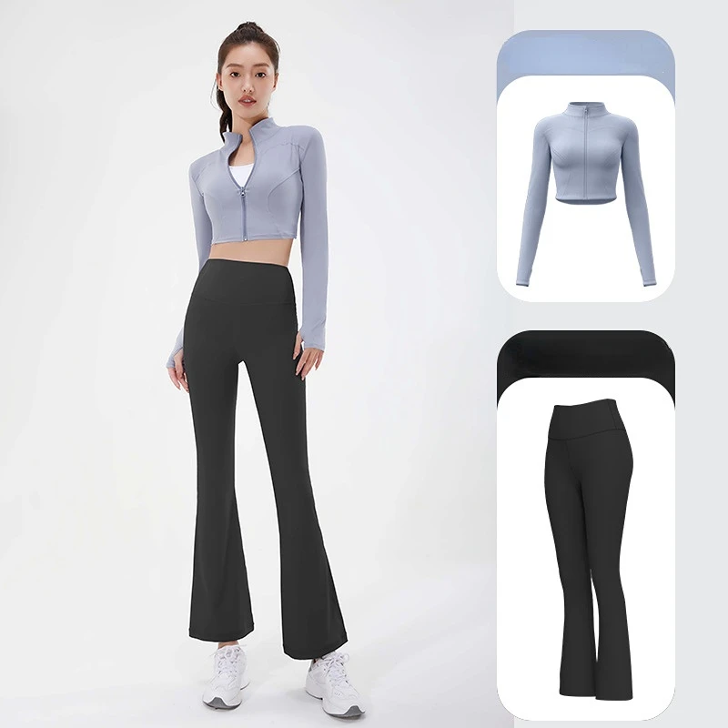 Women's Tracksuit Yoga Set Gym Training Running Sportswear Crop Top Coat Bell Bottom Pants High Waist Fitness Sports Two Piece
