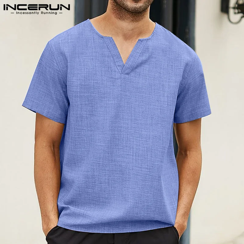 

2023 Men Casual T Shirt Solid V Neck Short Sleeve Streetwear Leisure Men Clothing Loose Summer Vintage Camisetas S-5XL INCERUN