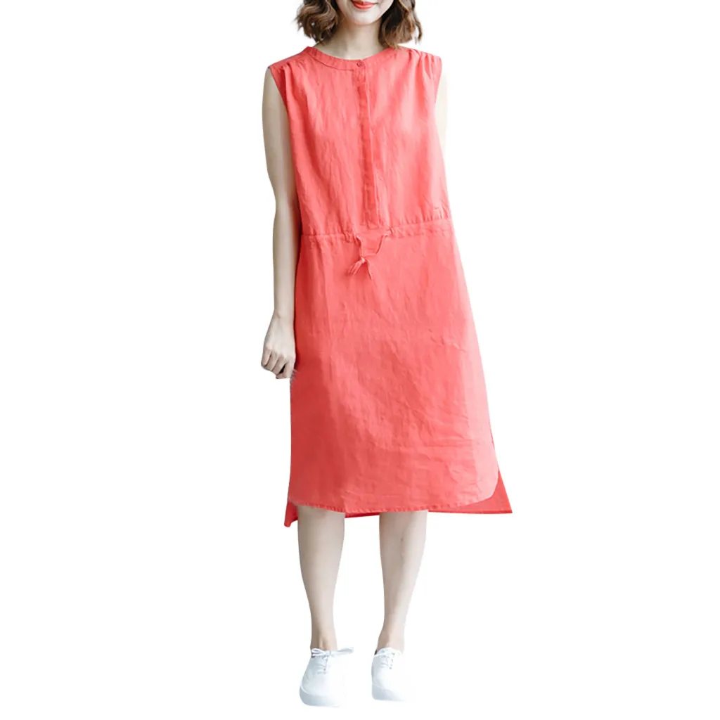 

Cotton Collar Color Plus Women Dress Casual Solid Size Sleeveless Linen Women's Dress Elastic Thin Straps Female Dresses Mujer