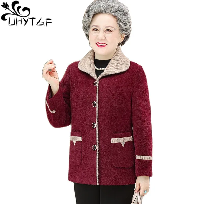 

UHYTGF Middle-Aged Elderly Autumn Winter Woolen Coat Women Fashion Single Breasted Casual Female Jacket Mother 5XL Outewear 2352