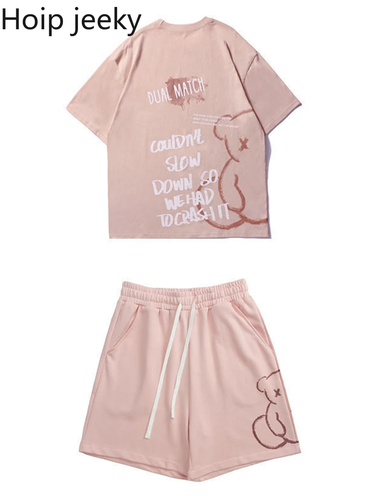 

Hoip Jeeky Leisure Sports Shorts Suits Women 2022 Summer New Letter T-Shirt ＋ High Waist Loose Shorts Running Two-Piece Trend