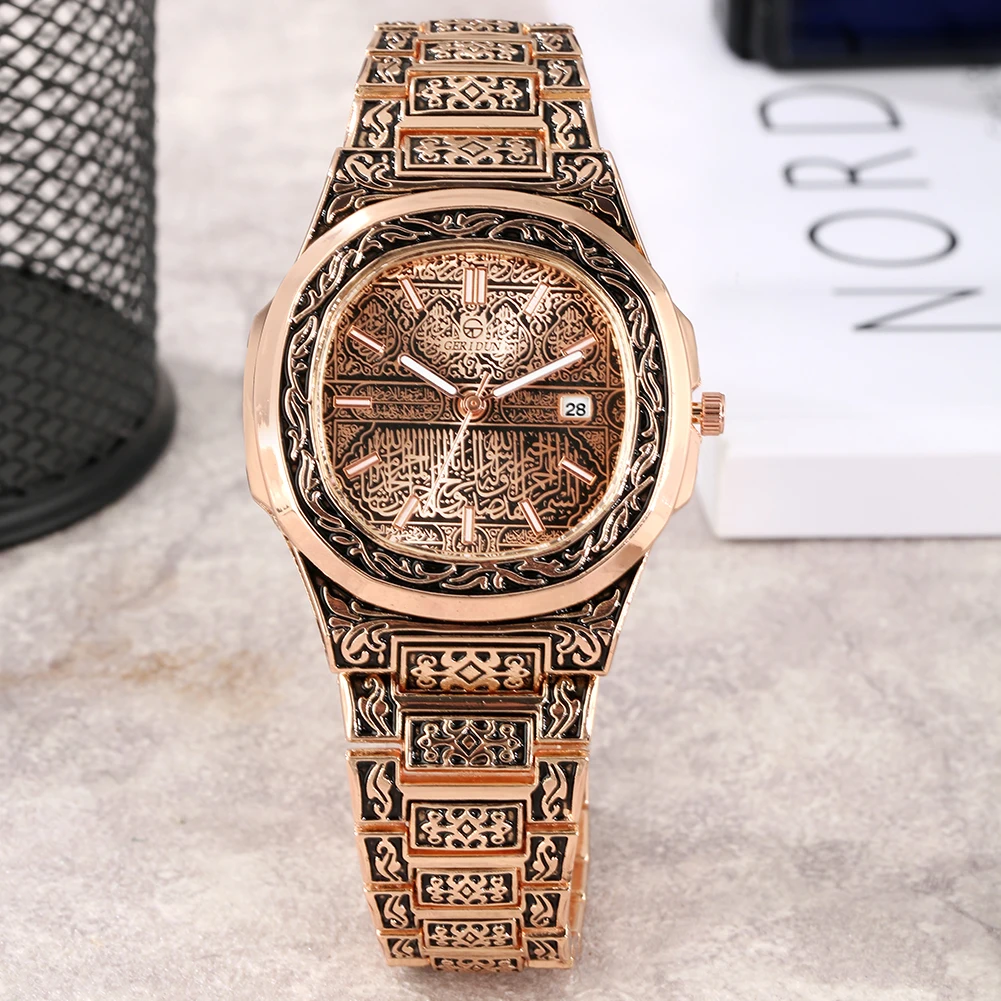 Luxury Rose Gold Watch for Men Vintage Embossed Steel Band Watch Gift for Male Quartz Wristwatches Calendar Clock Reloj Hombre