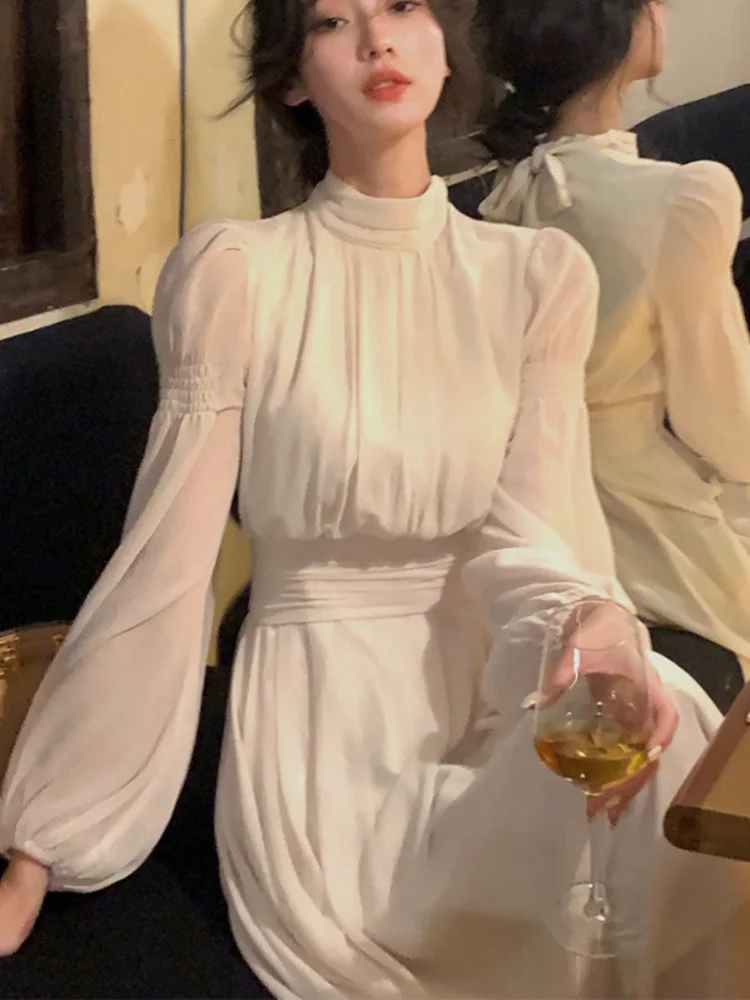 

Women Turtleneck White Maxi Dress Long Sleeve Elegant Pleated Slim Waist Dresses 2023 Spring Autumn New All-match Clothes H041
