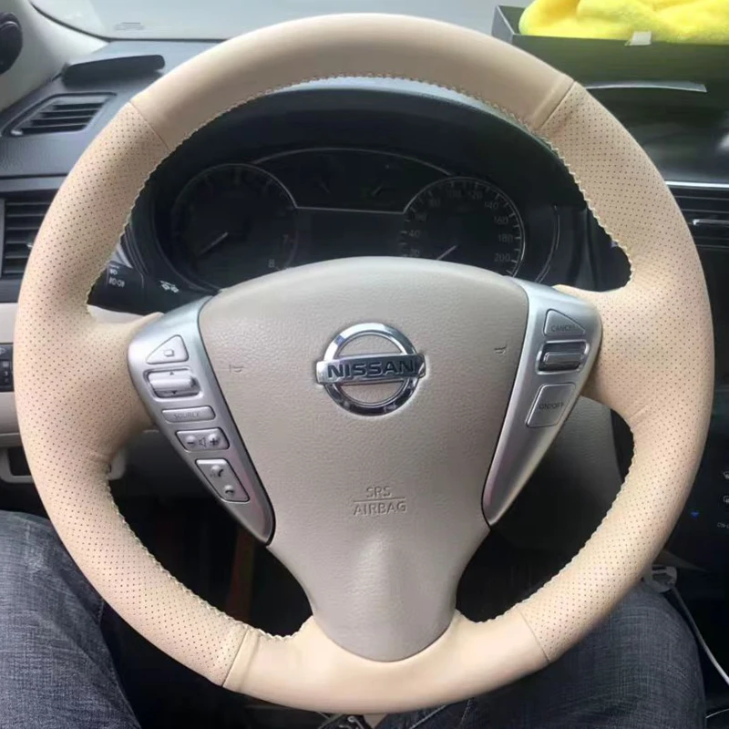 

For Nissan old TIIDA SUNNY LIVINA NV200 Bluebird Sylphy DIY leather hand sewn steering wheel cover car interior accessories
