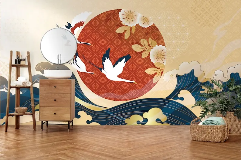 

Watercolor Chinoiserie Design Crane Birds Wallpaper, Wavy Sea And Cranes Removable, Customizable Wall Mural. Self Adhesive Asian