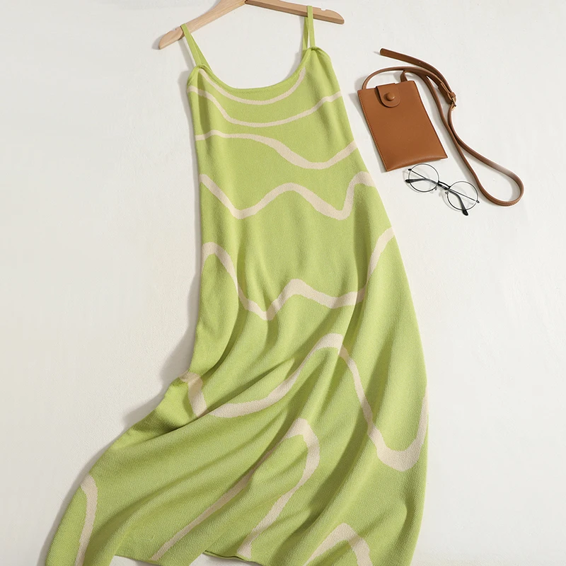

Hikigawa Chic Fashion Summer Vintage Contrast Color Stripe Sleeveless Knitted Slip Dresses Women Midi Bottoming Vestidos Mujer