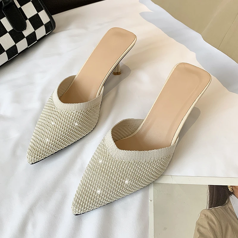 

Baotou Half Drag Women's High-heeled Stiletto Pointed Toe Flying Woven Fabric Slippers 2021 Spring and Autumn New Women's Shoes