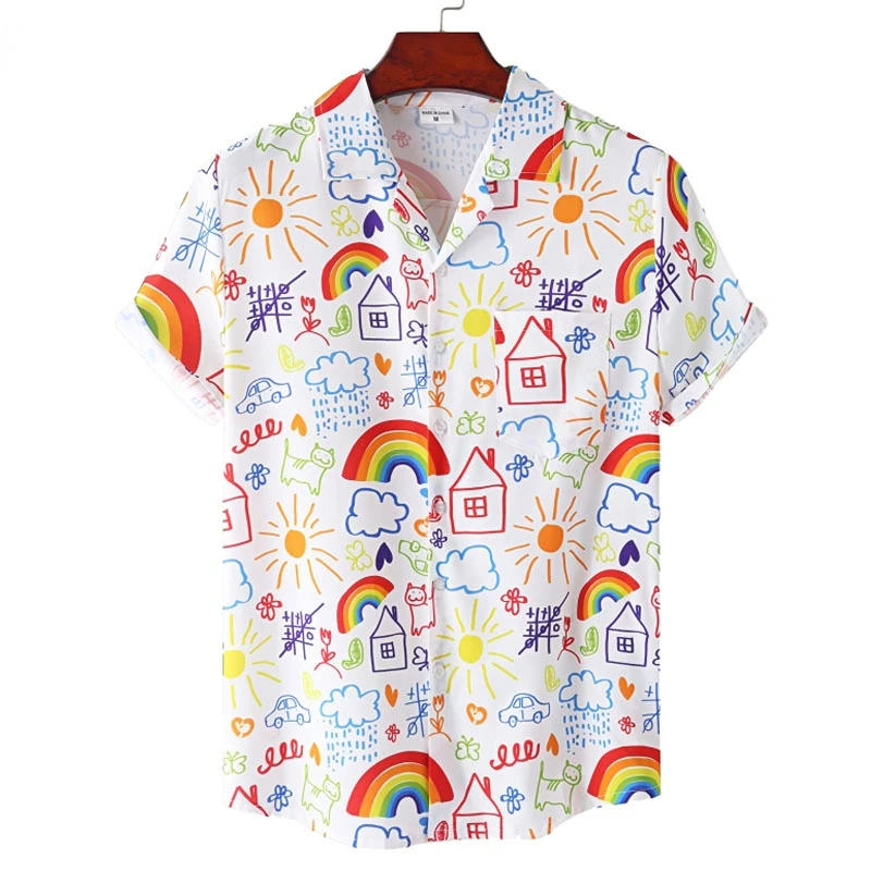 Hawaiian men's summer shirt, short shirt with rainbow and graffiti cartoon pattern, used for vacation and beach, new in 2022