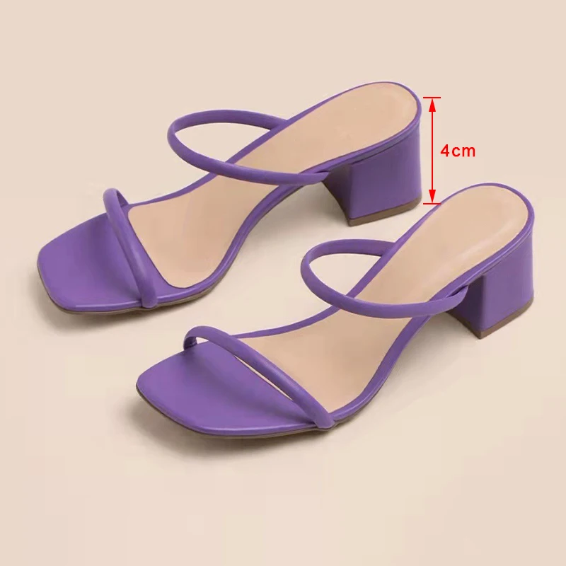 

New 2022 Trend Women Solid Color Square Toe Sandals Slip On Elegant Middle Block Heels Two-Bar Slingback Shoes Fashion Mules