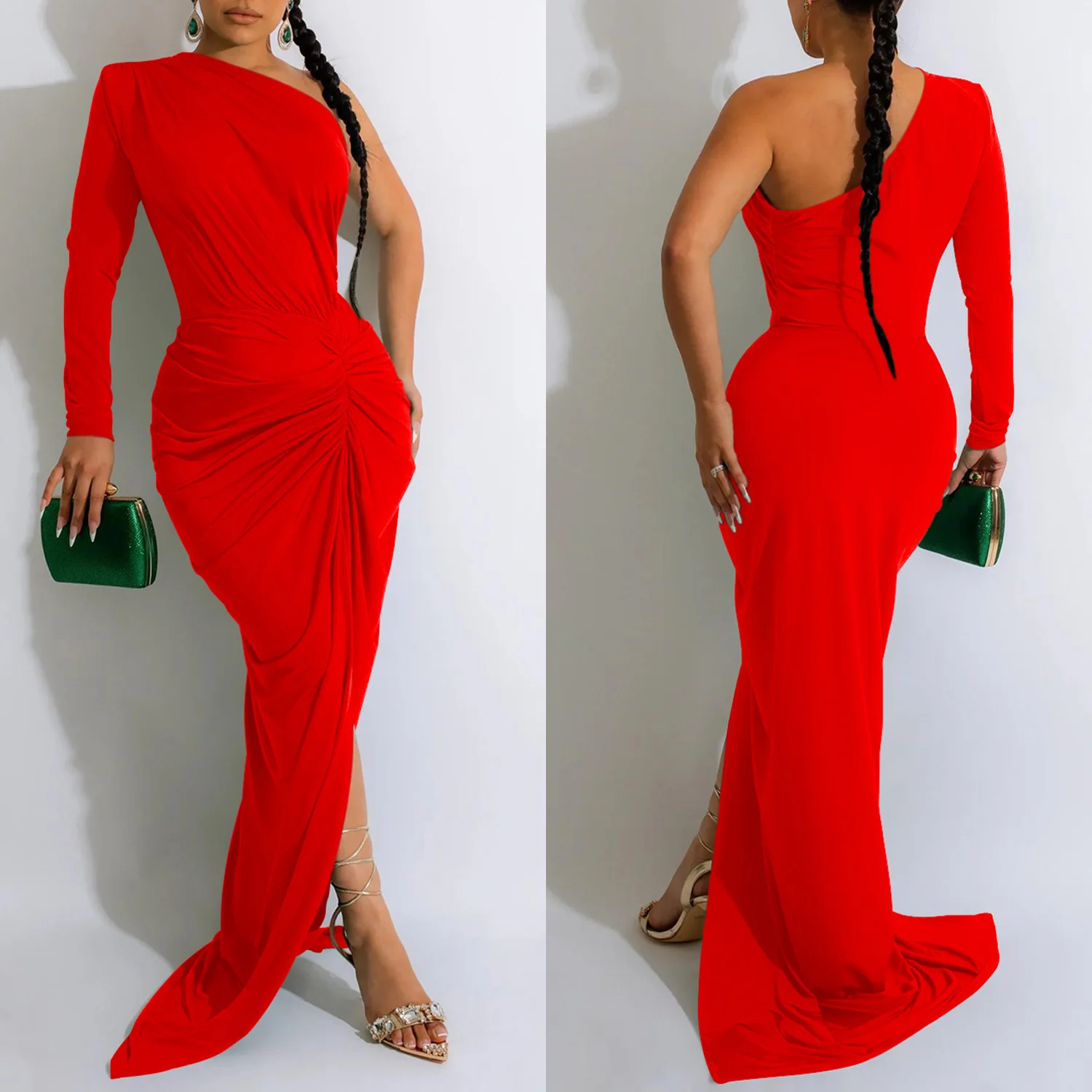 Women Elegant Soild Cocktail Dress One Shoulder Long Sleeve Prom Party Dress Bodycon Slim Waist High Split Nightclub Dresses