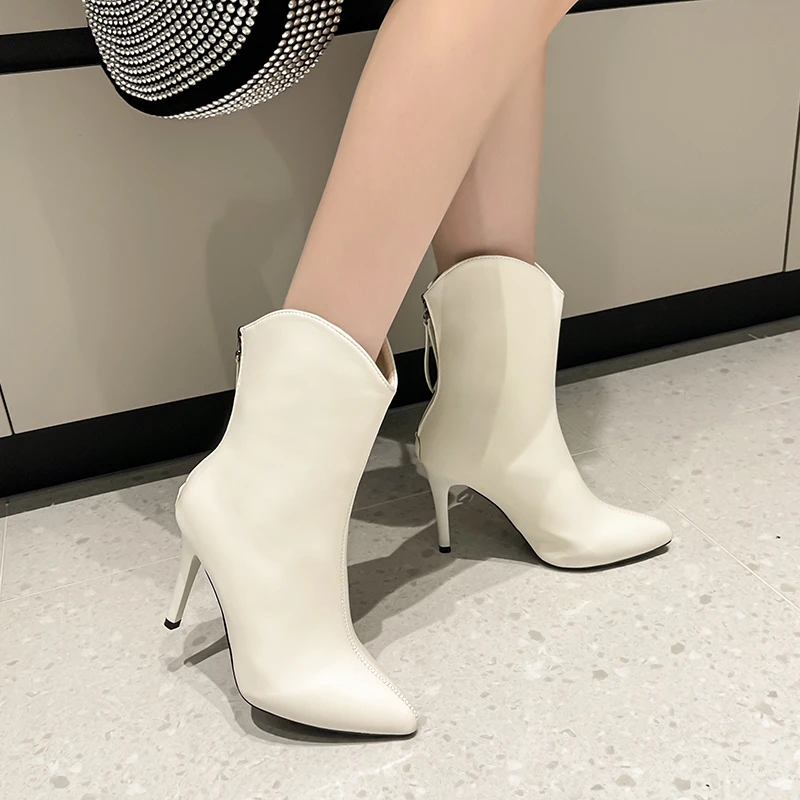 

2023 High Quality Shoes Female Ankle Women's Boots Winter Modern Boots Women Solid Zip Pointed Toe Thin Heels Sexy Ladies Shoes