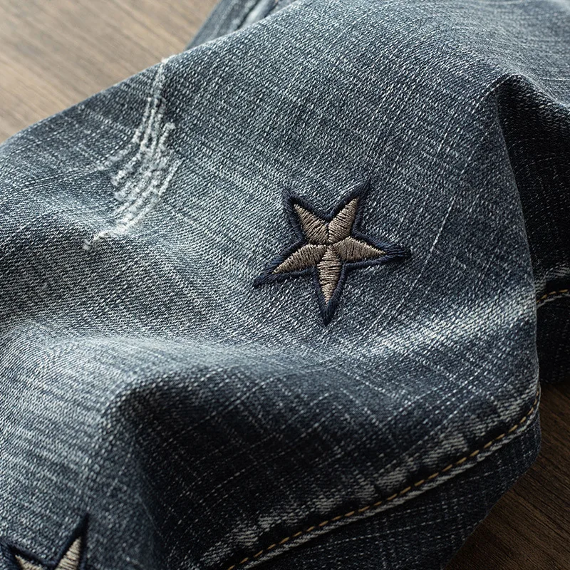Europe and The United States New Embroidery Worn Holes Slim Skinny Jeans Trendy Men Casual Trousers Fashion Streetwear Softener