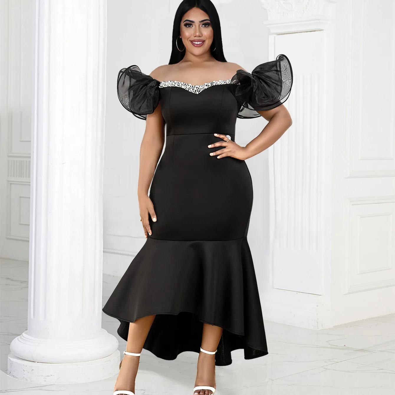 Plus Size Elegant Rhinestone Dress Women Mesh Puff Sleeve Cloth Lady Casual Luxury Robe 2023 Summer Trendy Party Evening Dress