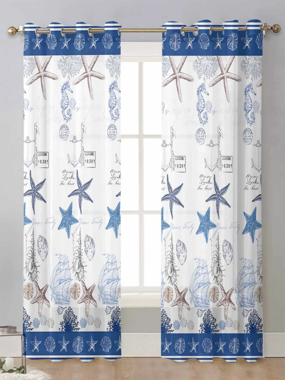 

Ocean Starfish Coral Vessel Shell Sheer Curtains For Living Room Window Voile Tulle Curtain Cortinas Drapes Home Decor