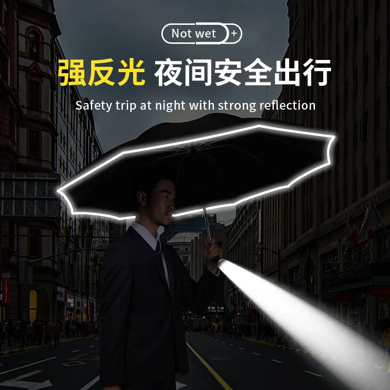 Automatic UV Umbrella With LED Flashlight Reflective Stripe Reverse Large Umbrellas Windproof Strong Parasol