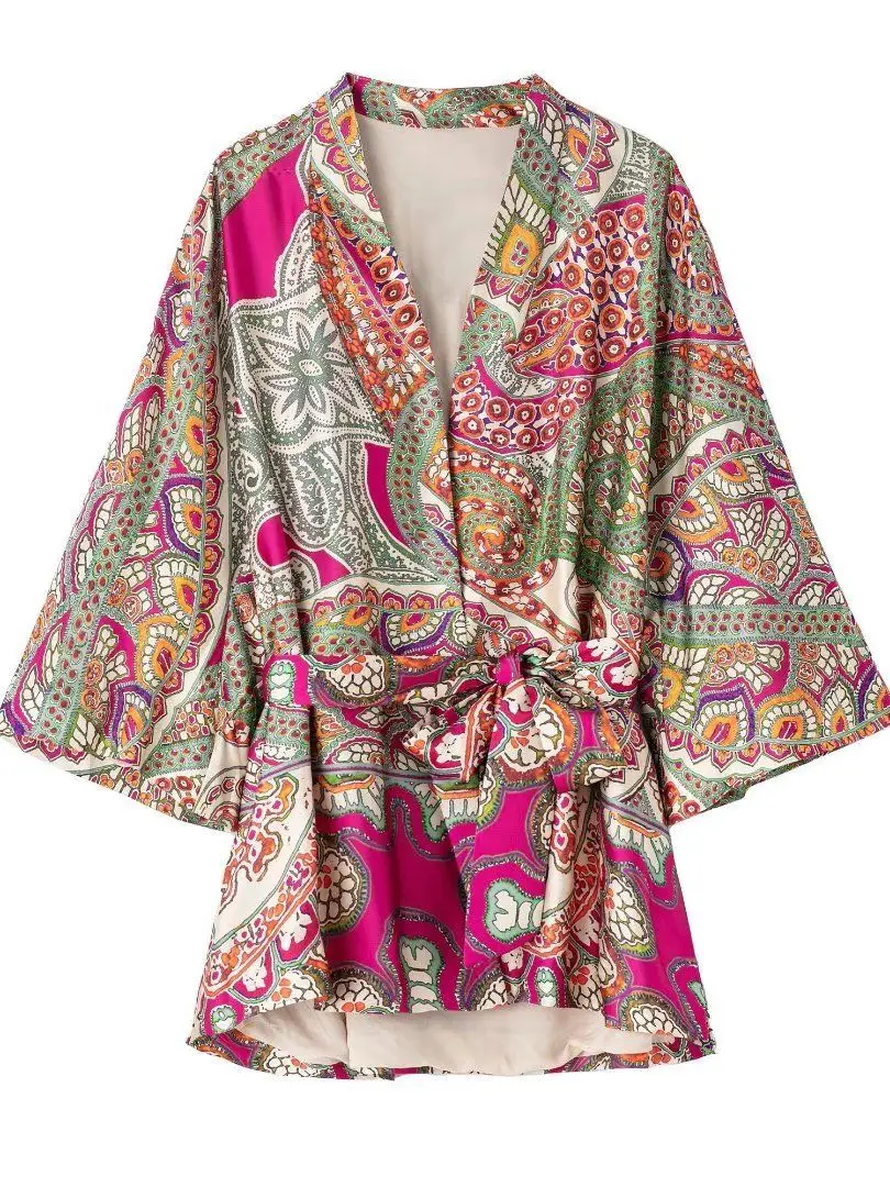 

Floral printed bow tie belted kimono