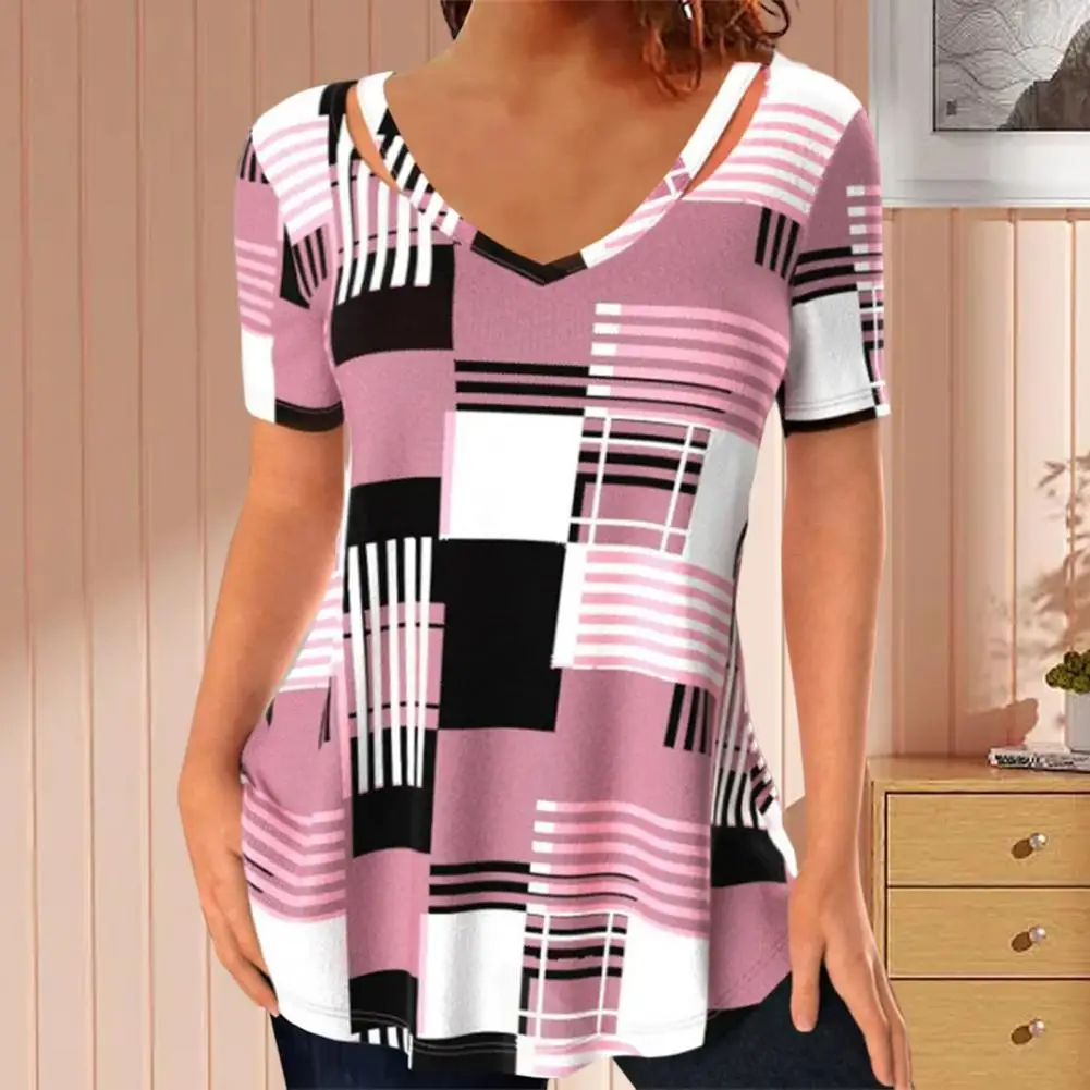 

Women T-shirt V-neck Hollow Collar Short Sleeve Casual Top Plaid Print Loose Summer Tops Elastic Sweat Absorbing Tee Shirt