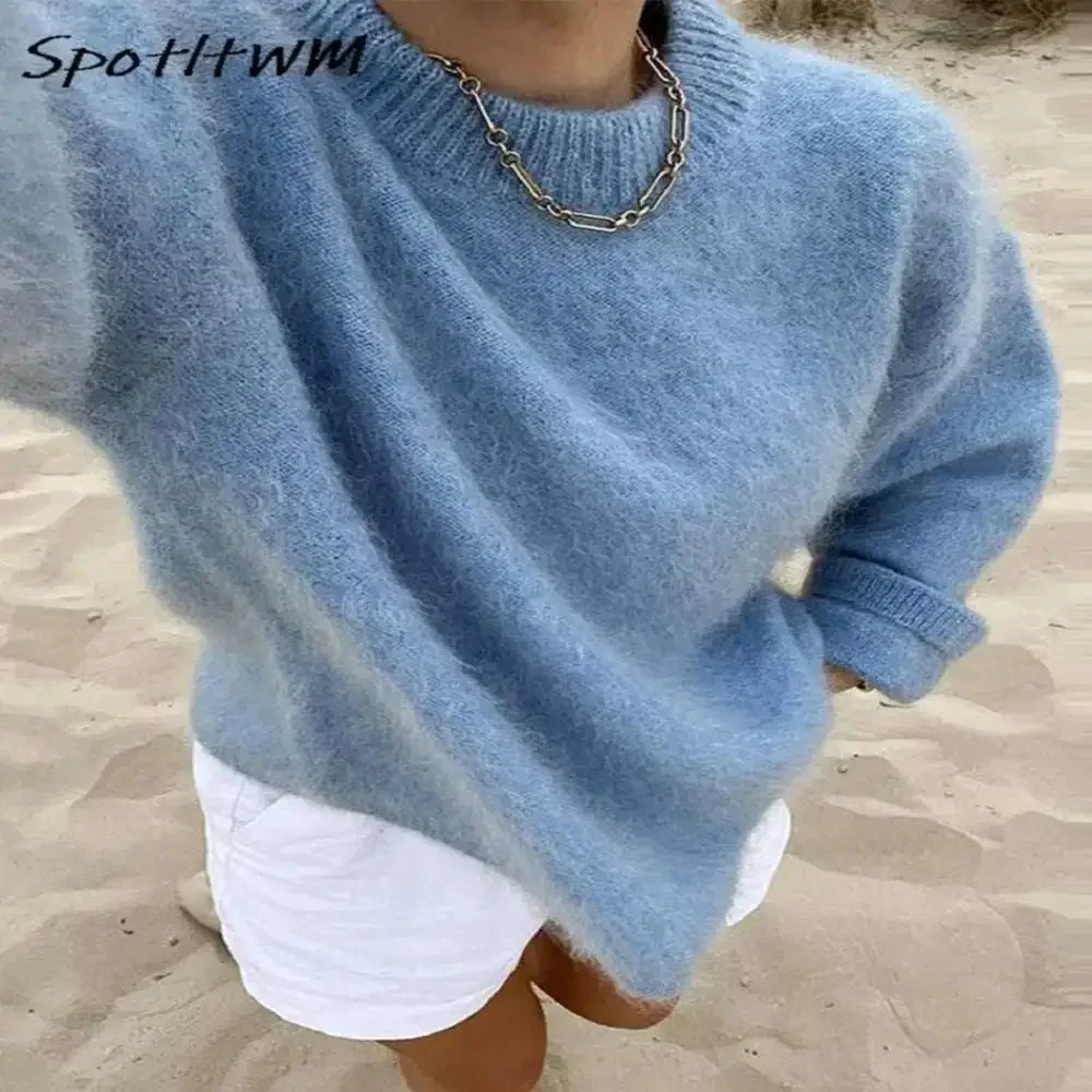

O-neck Rib Kintted Mohair Long Sleeve Sweater Women Autumn Winter Loose Cropped Jumper Female Fashion Casual All-match Pullover