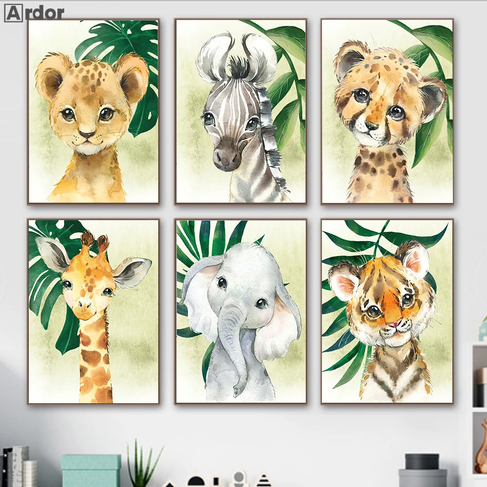 

Baby Animal Lion Elephant Canvas Print Zebra Giraffe Poster Nursery Wall Art Painting Leaf Nordic Wall Pictures Kids Room Decor