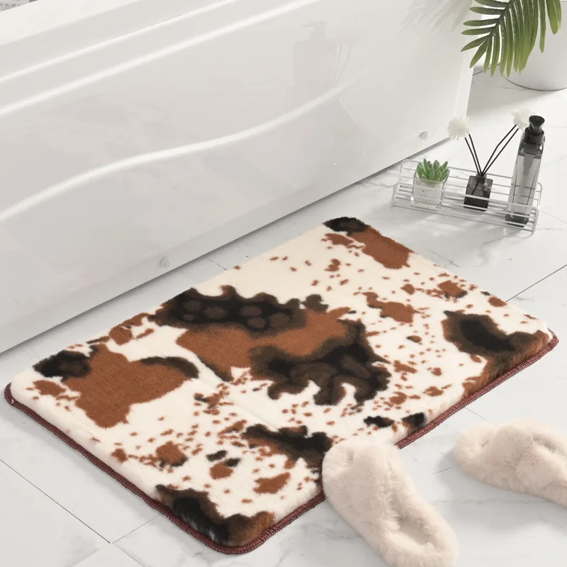 

Cow Print Bath Mat Doormat Soft Faux Rabbit Plush Carpet Animal Pattern Home Decor Living Room Bedroom Rugs Anti-slip Floor Mats