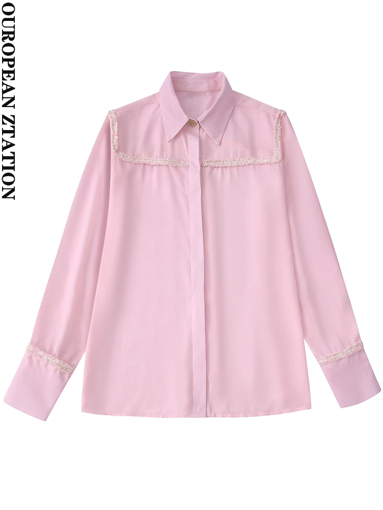 

PAILETE Women 2022 fashion contrast tweed flowing shirts vintage long sleeve button-up female blouses blusas chic tops