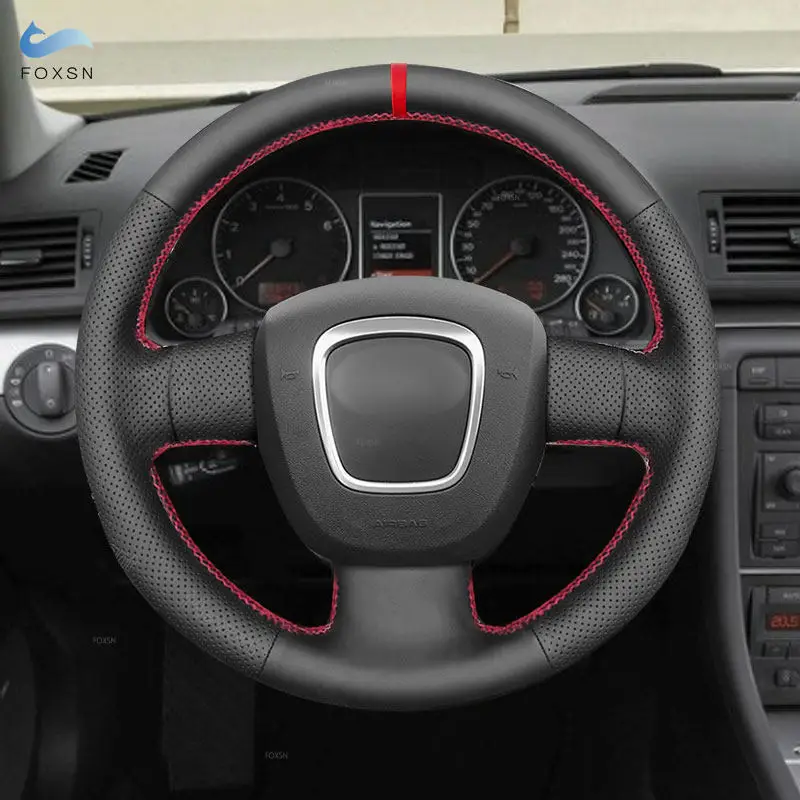 

Чехол на руль для Audi A3, 8P, Sportback, A4, B7, Avant, A6, C6, S4, прошитый вручную интерьер автомобиля Exeo, кожаная отделка, красная полоса