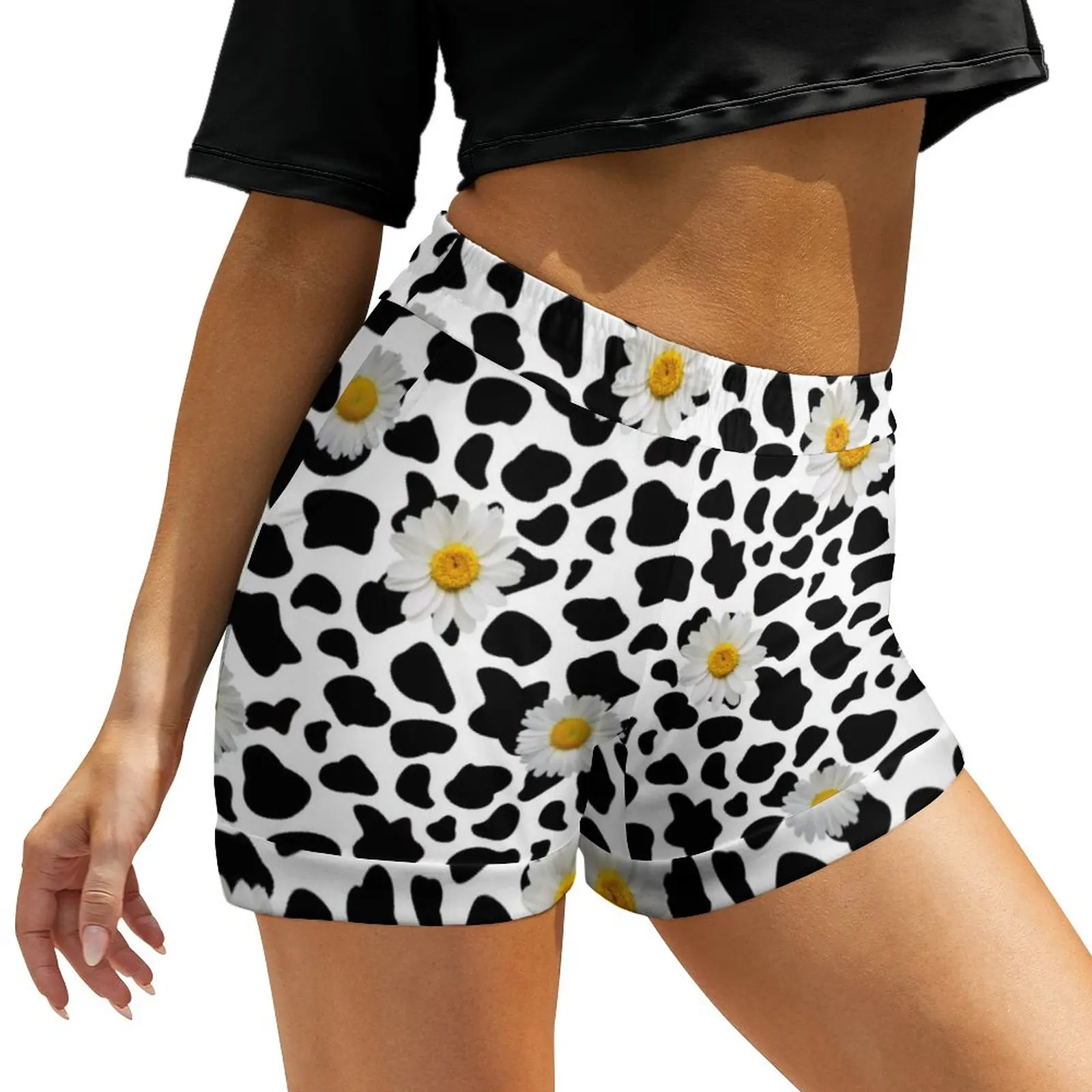 

Daisy Cow Print Shorts Female Floral Animal Cowprint Street Wear Print Shorts Elastic Waist Oversize Short Pants Kawaii Bottoms