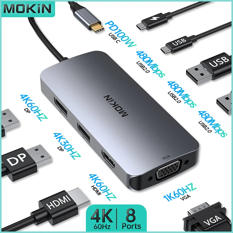 

MOKiN 8 in 1 Docking Station for MacBook Air/Pro - USB2.0, Type-C 3.0, HDMI 4K60Hz, DP 4K60Hz, PD 100W - Enhanced Performance