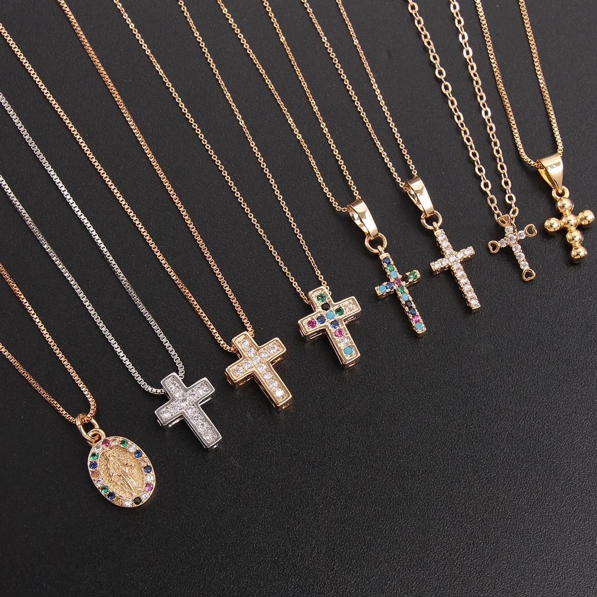 

MHS.SUN Fashion Cross Pendant Necklace Mosaic Colorful Cubic Zircon Gold Necklaces Christmas Religious Jewelry Gift For Women