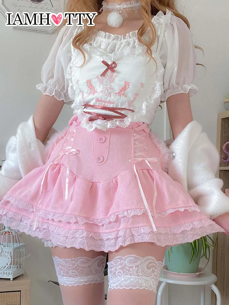 IAMHOTTY Coquette Aesthetic Mini Skirt Pink Cascading Ruffle A-line Buttons Lace-up Kawaii Skirts Japanese Fairycore Outfit Y2K