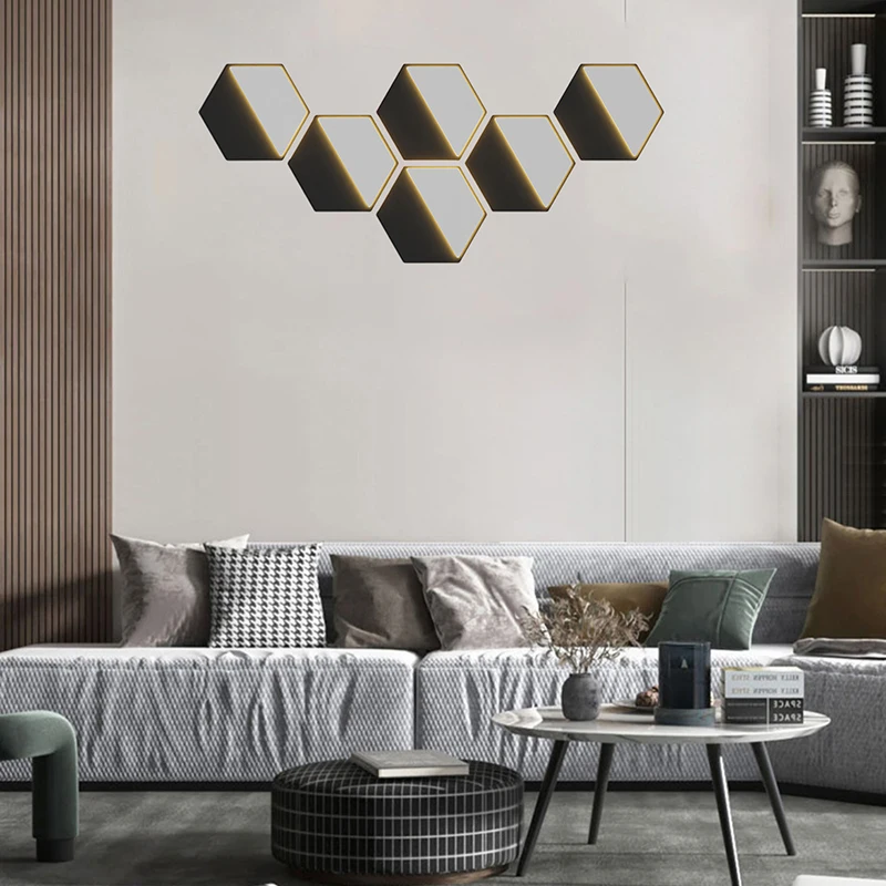 

Настенная шестиугольная лампа в стиле арт-деко, 3 сменных золотистого, черного, белого цветов, металлическое освещение для гостиной, спальни, лестницы, коридора